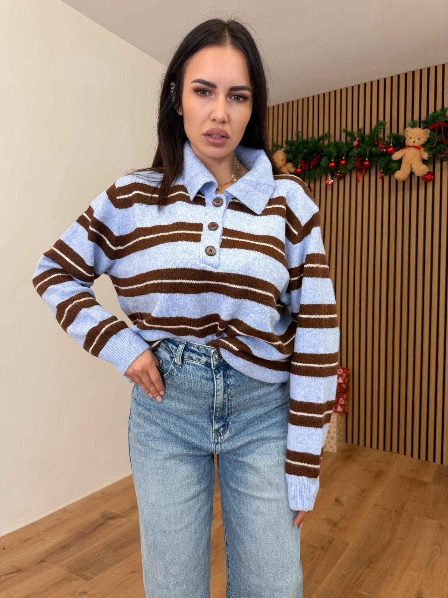 Pull Polo Righe - Celeste e Marrone - SAINTH