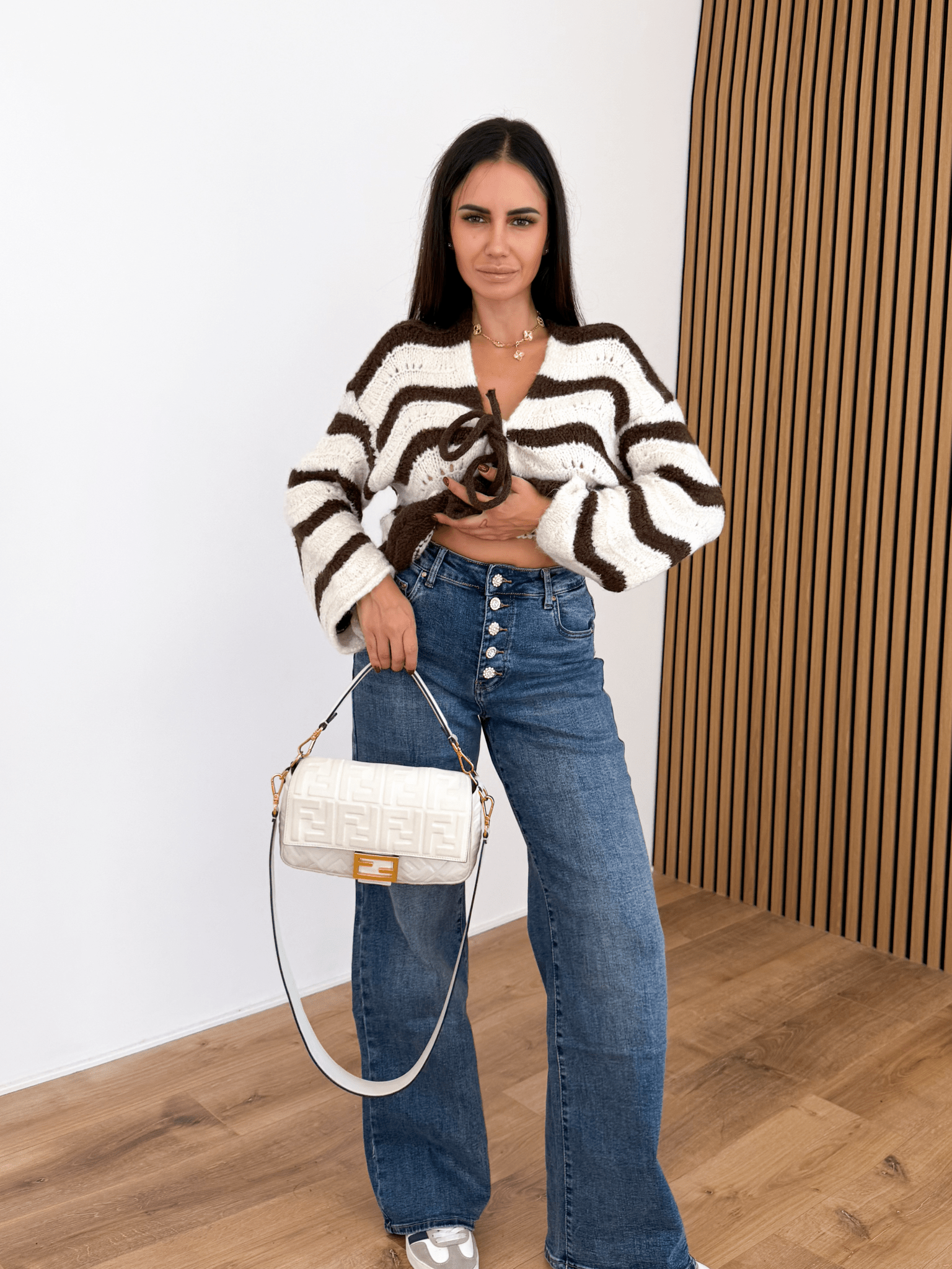 Cardigan Ondulato - Bianco e Marrone - SAINTH