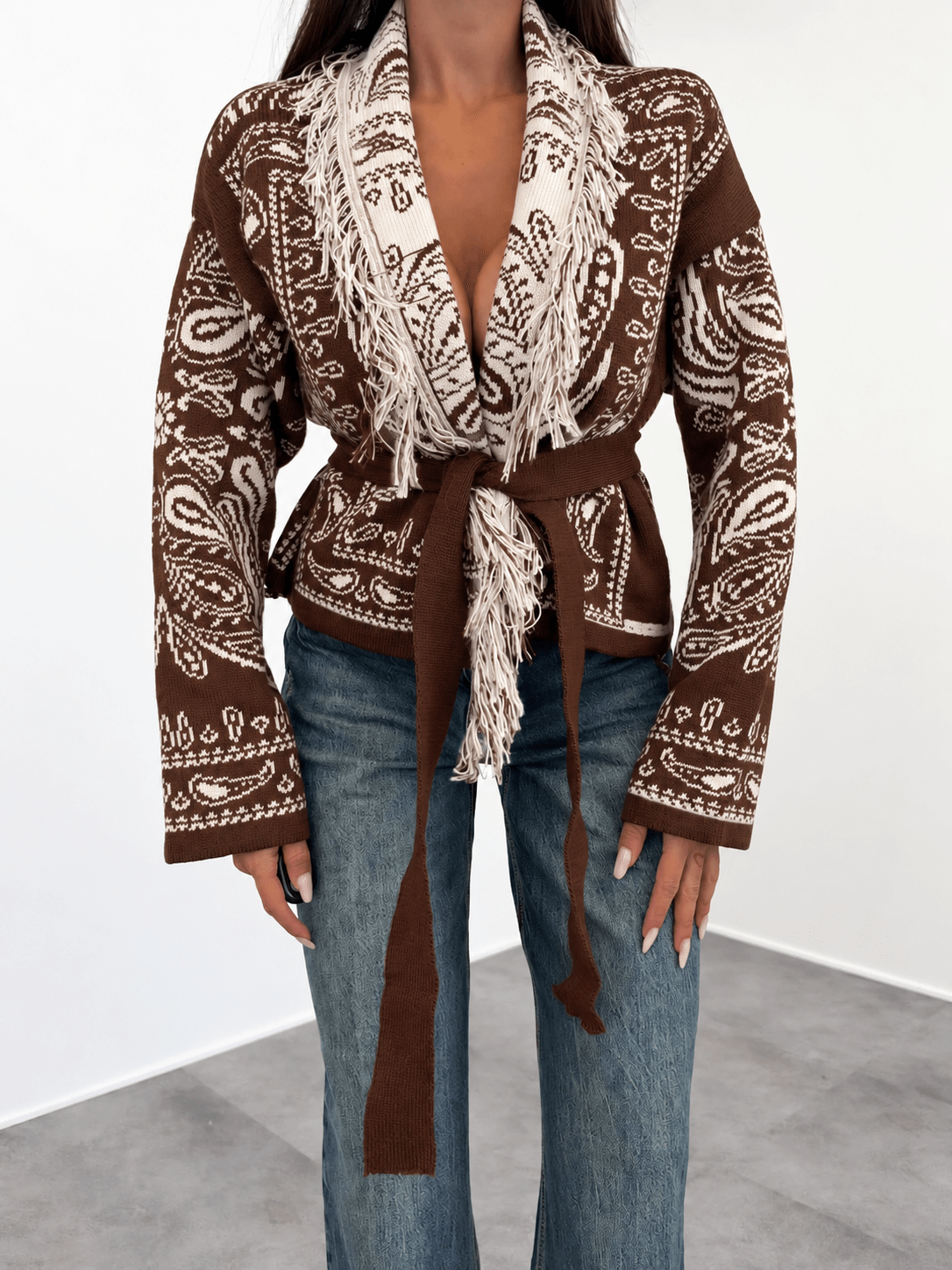 Cardigan Crop Azteco - Marrone Bianco - SAINTH