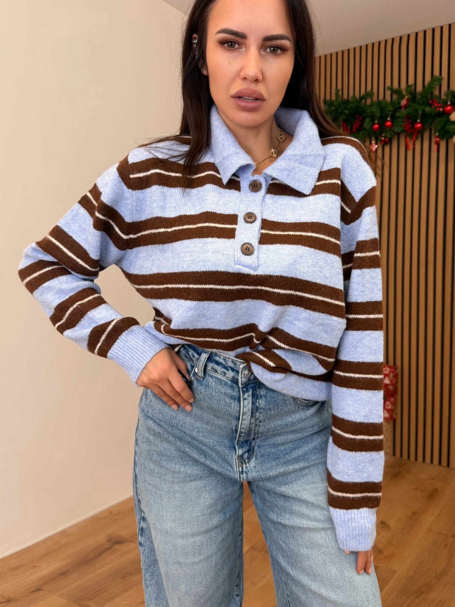 Pull Polo Righe - Celeste e Marrone - SAINTH