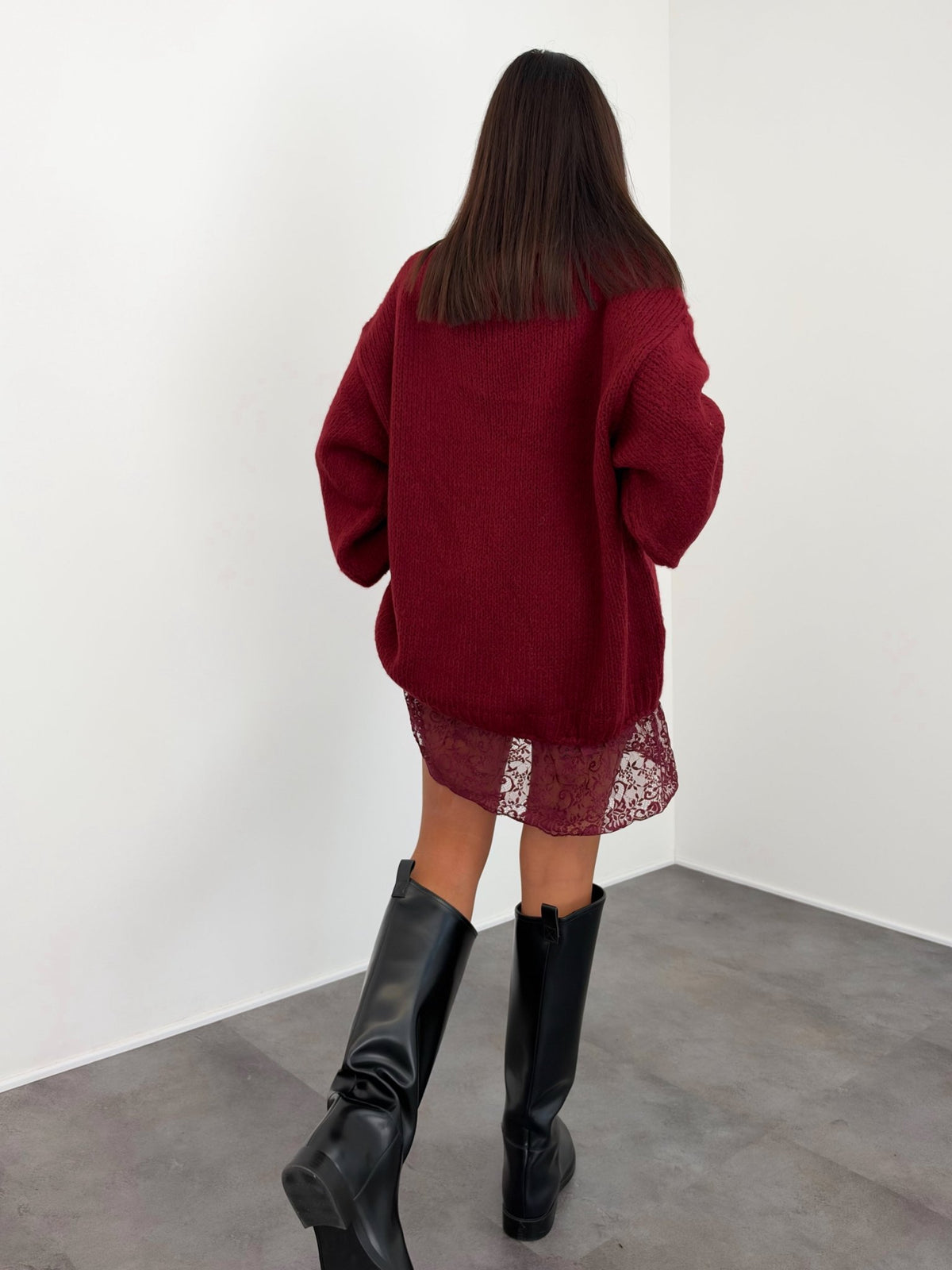 Abito Pull Pizzo Scollo V - Bordeaux - SAINTH