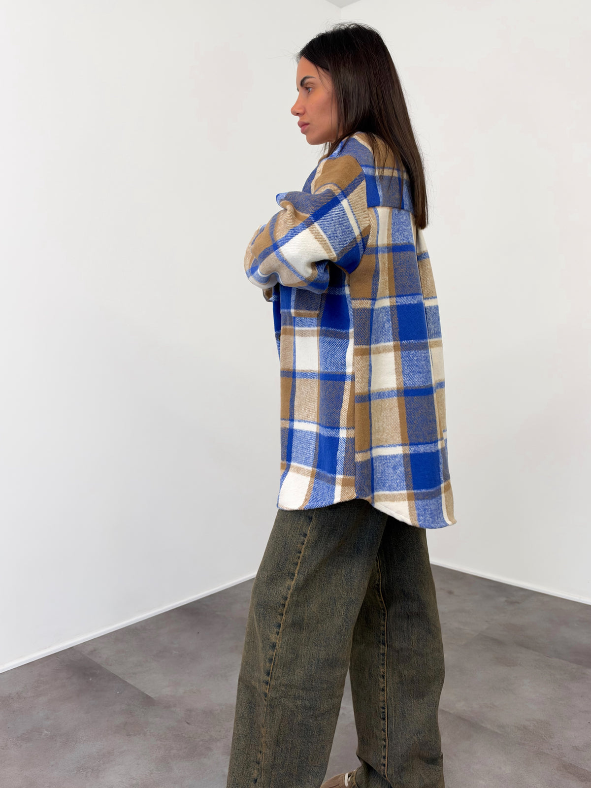 Maxi Camicia Quadri - Camel Blu