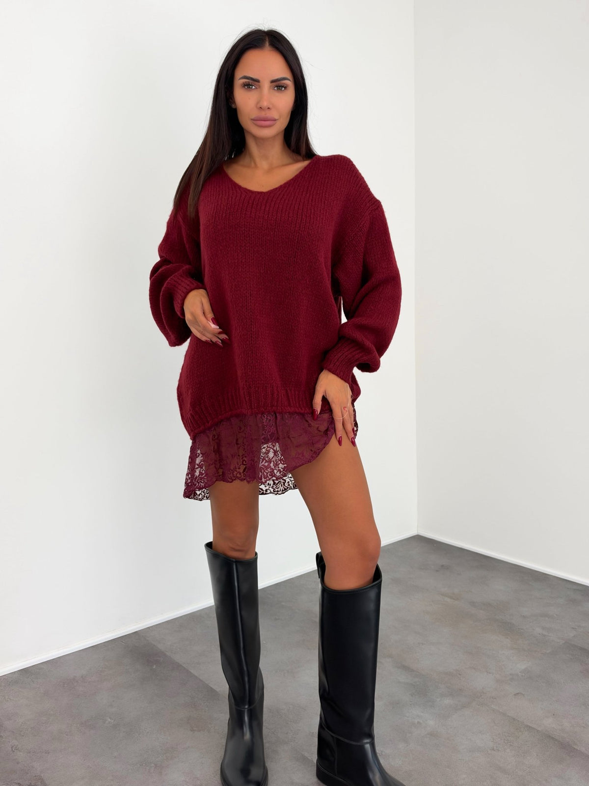 Abito Pull Pizzo Scollo V - Bordeaux - SAINTH
