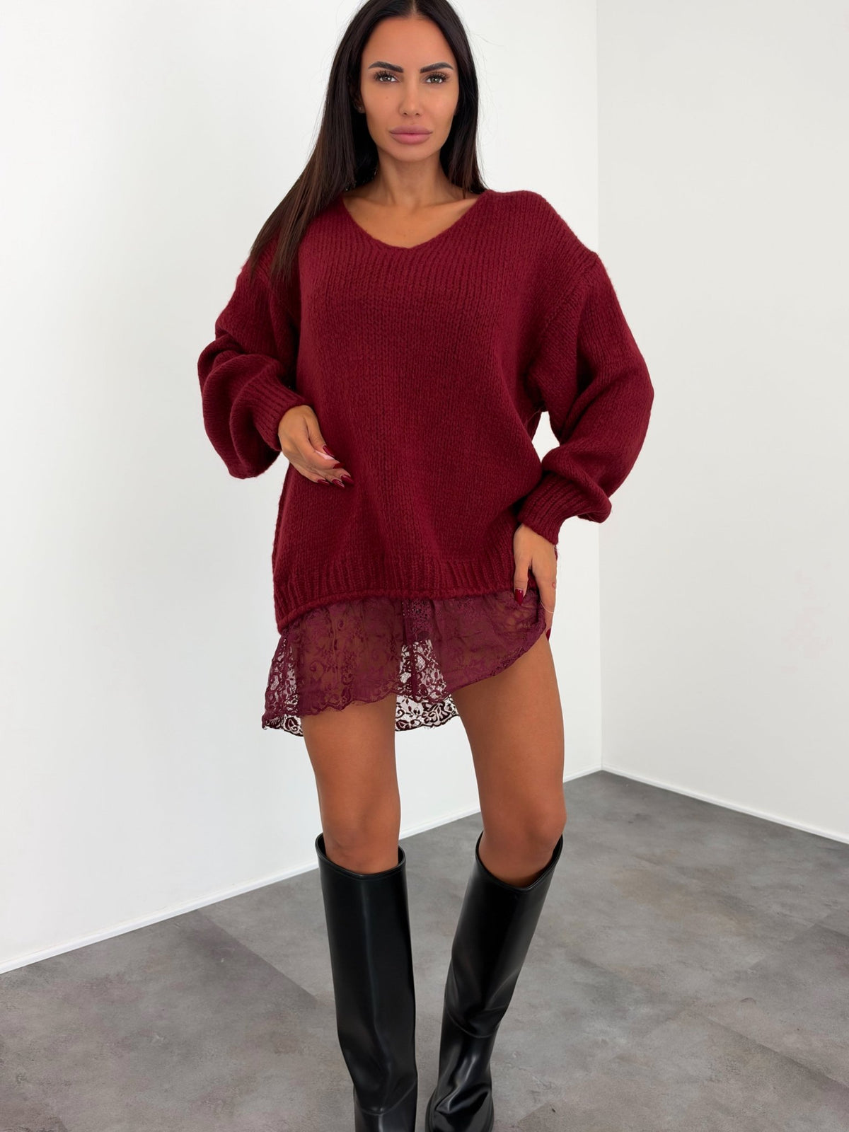 Abito Pull Pizzo Scollo V - Bordeaux - SAINTH