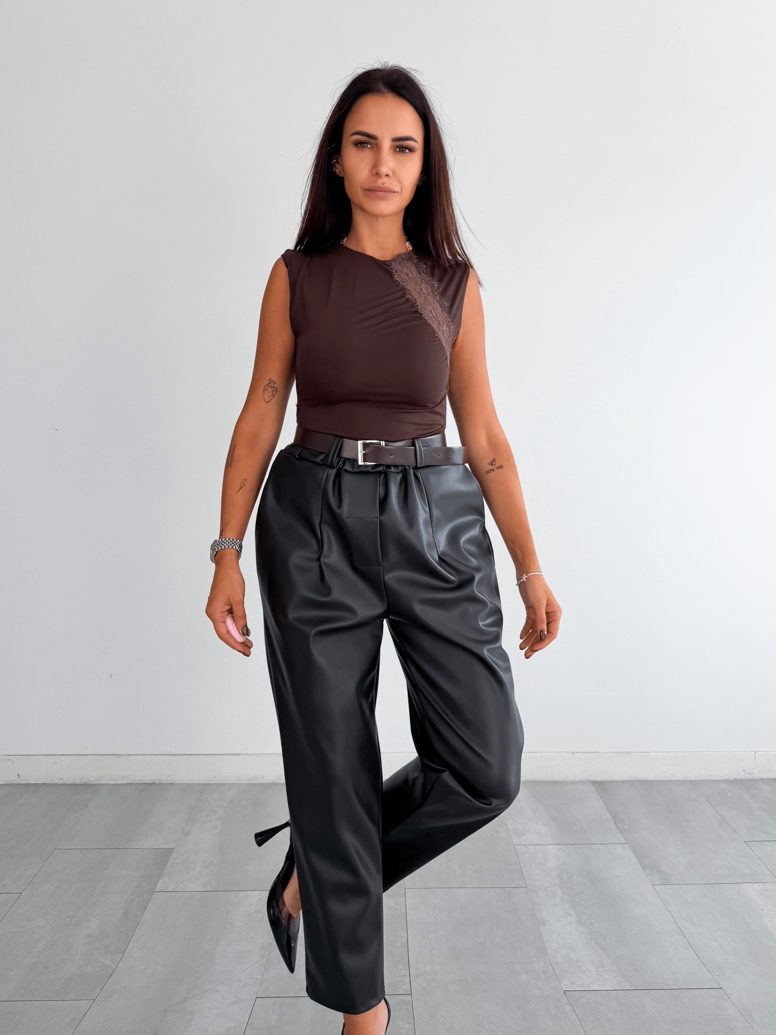 Pantalone Ecopelle + Cintura - Nero - SAINTH