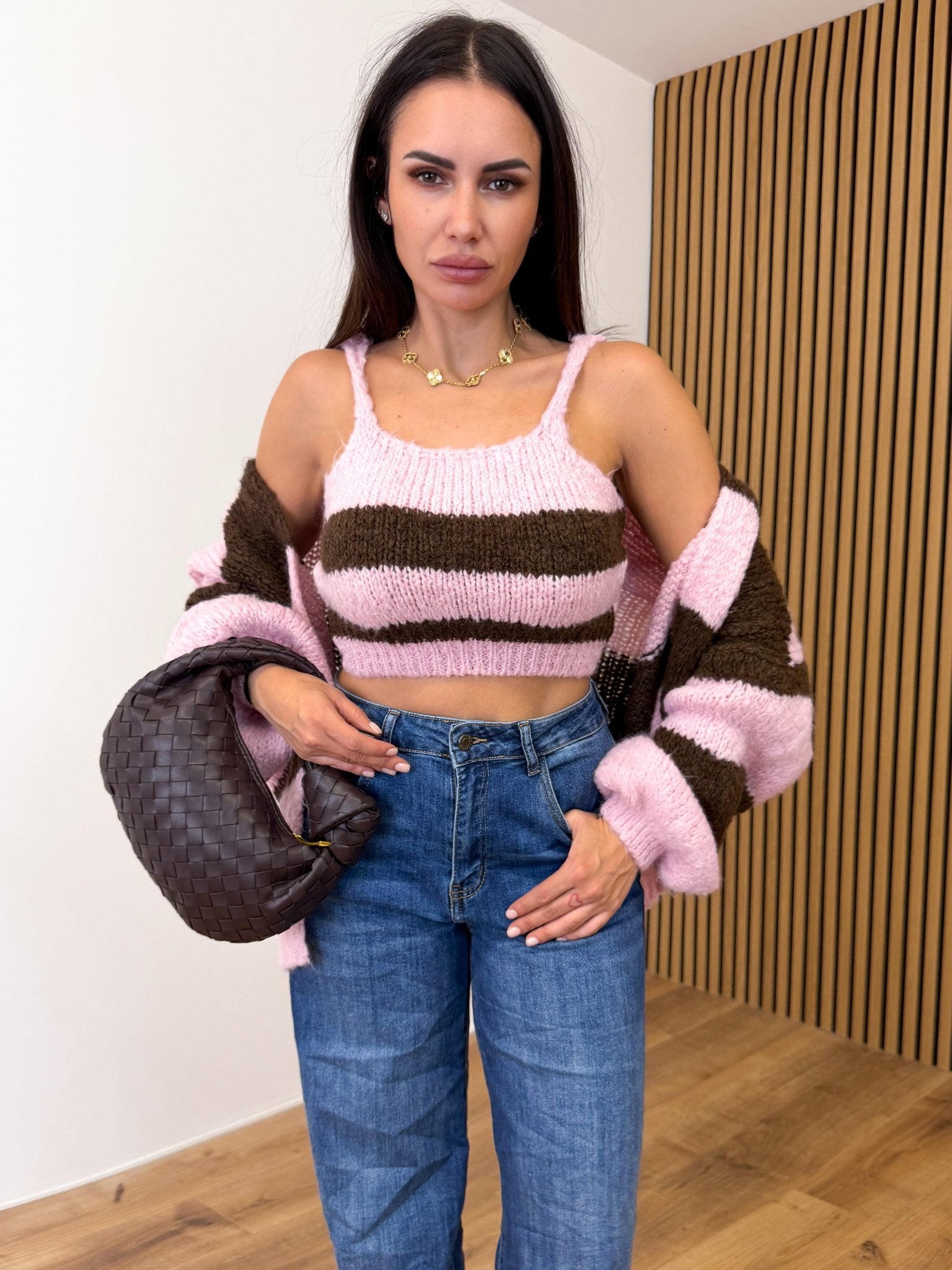 Set Top + Cardigan Righe - Marrone e Rosa - SAINTH