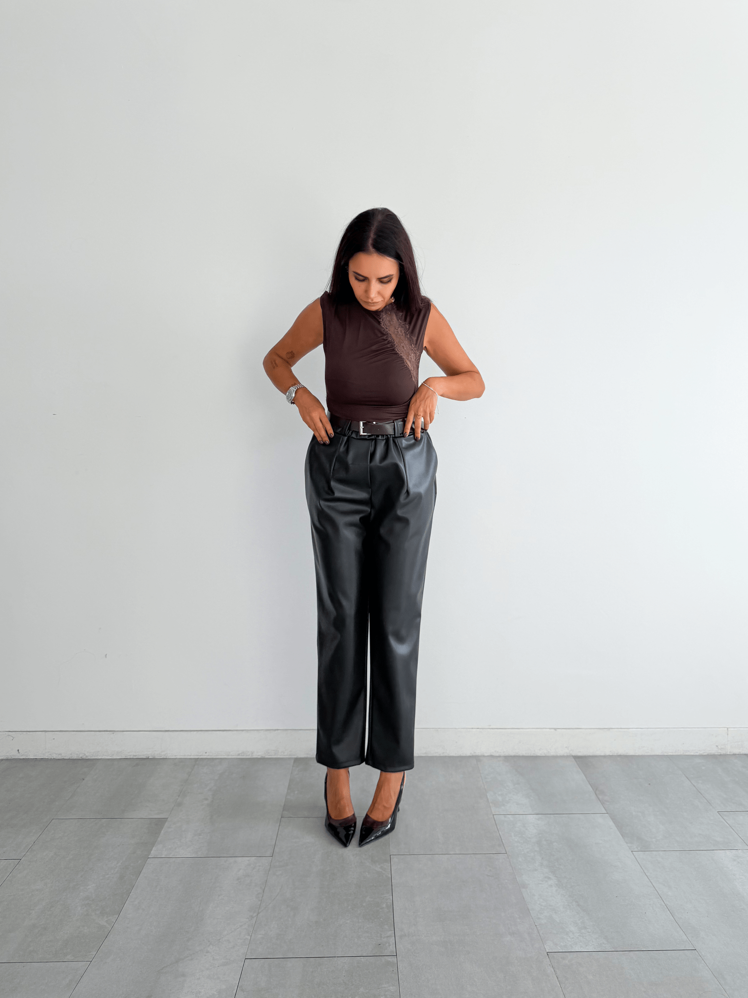 Pantalone Ecopelle + Cintura - Nero - SAINTH