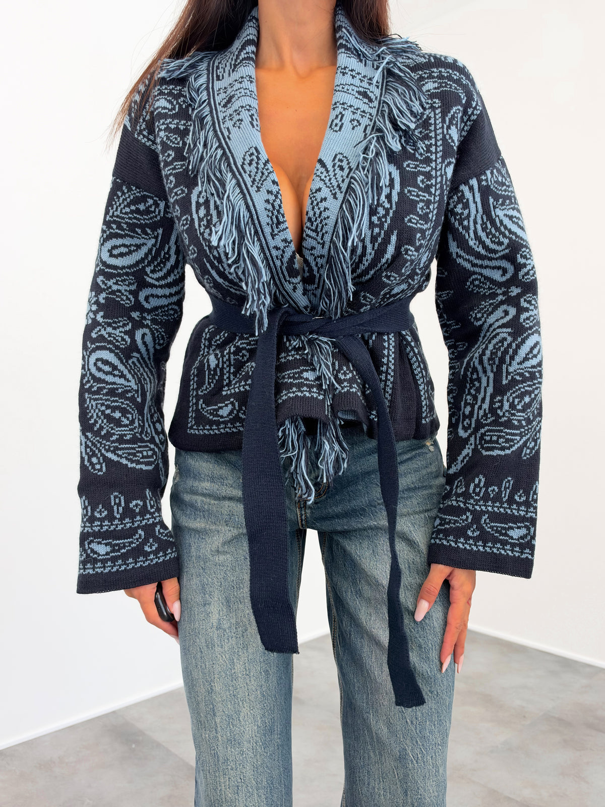 Cardigan Crop Azteco - Blu Celeste