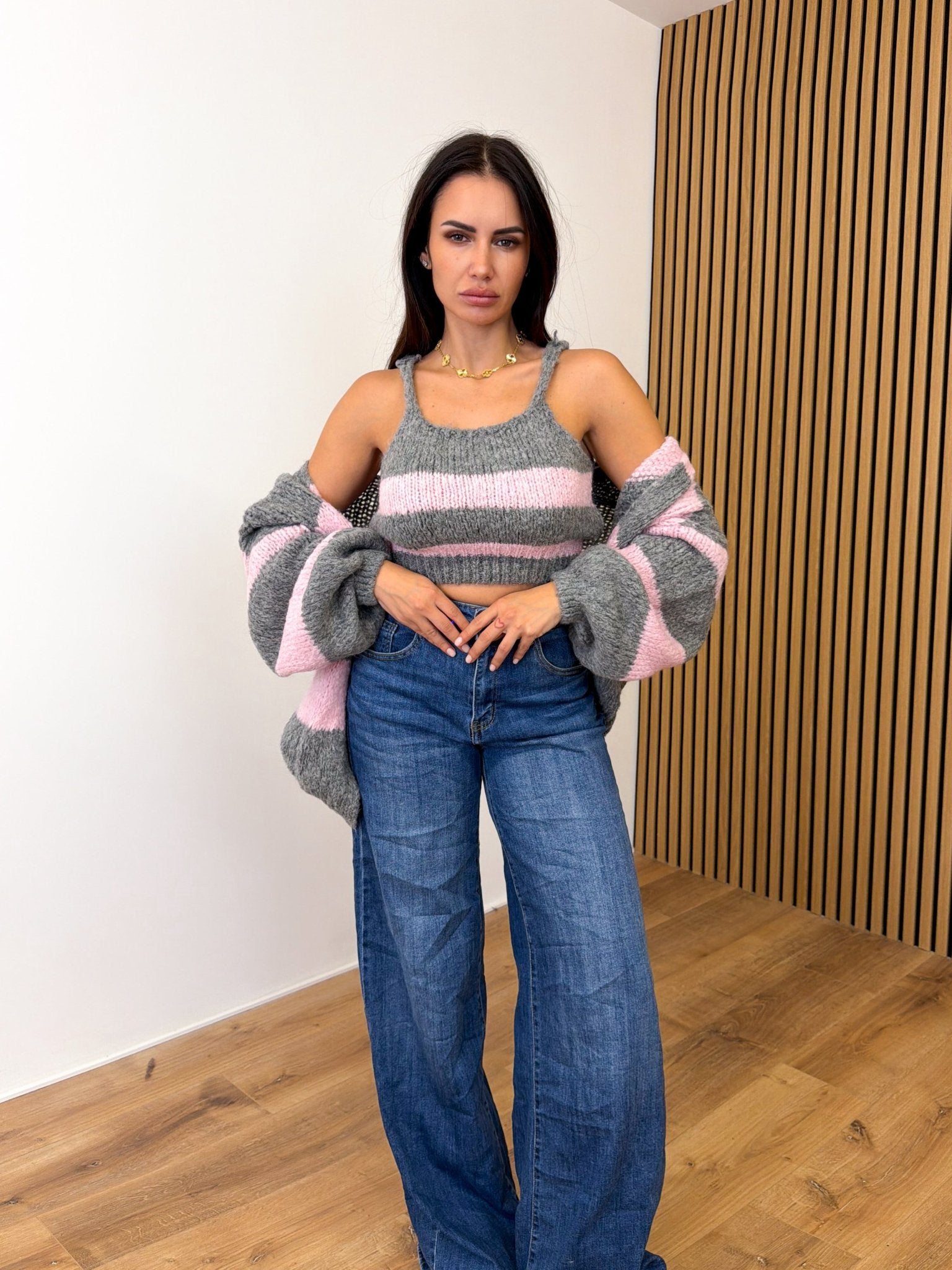 Set Top + Cardigan Righe - Grigio e Rosa - SAINTH