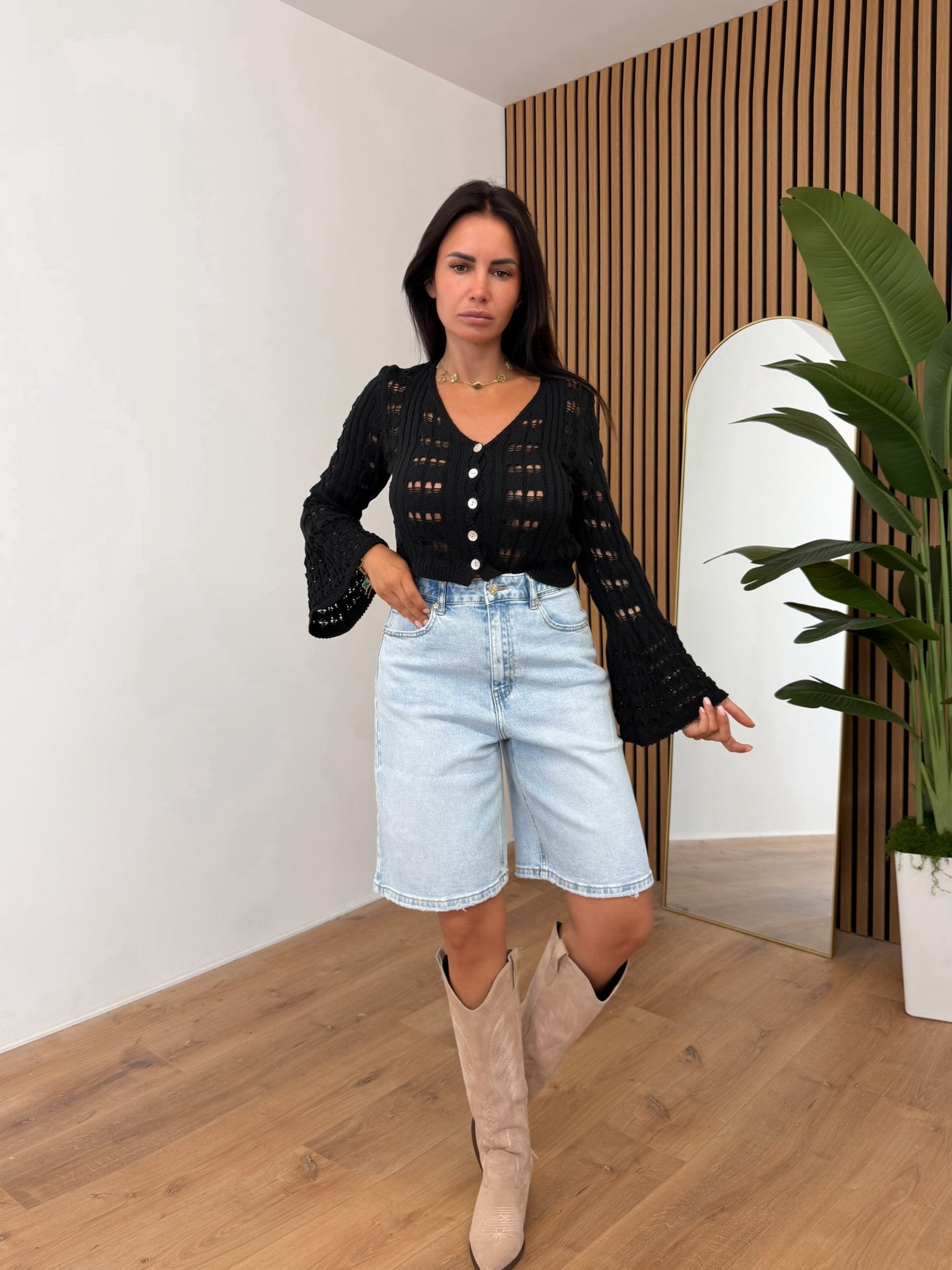 Cardigan Crop Traforato - Nero - SAINTH