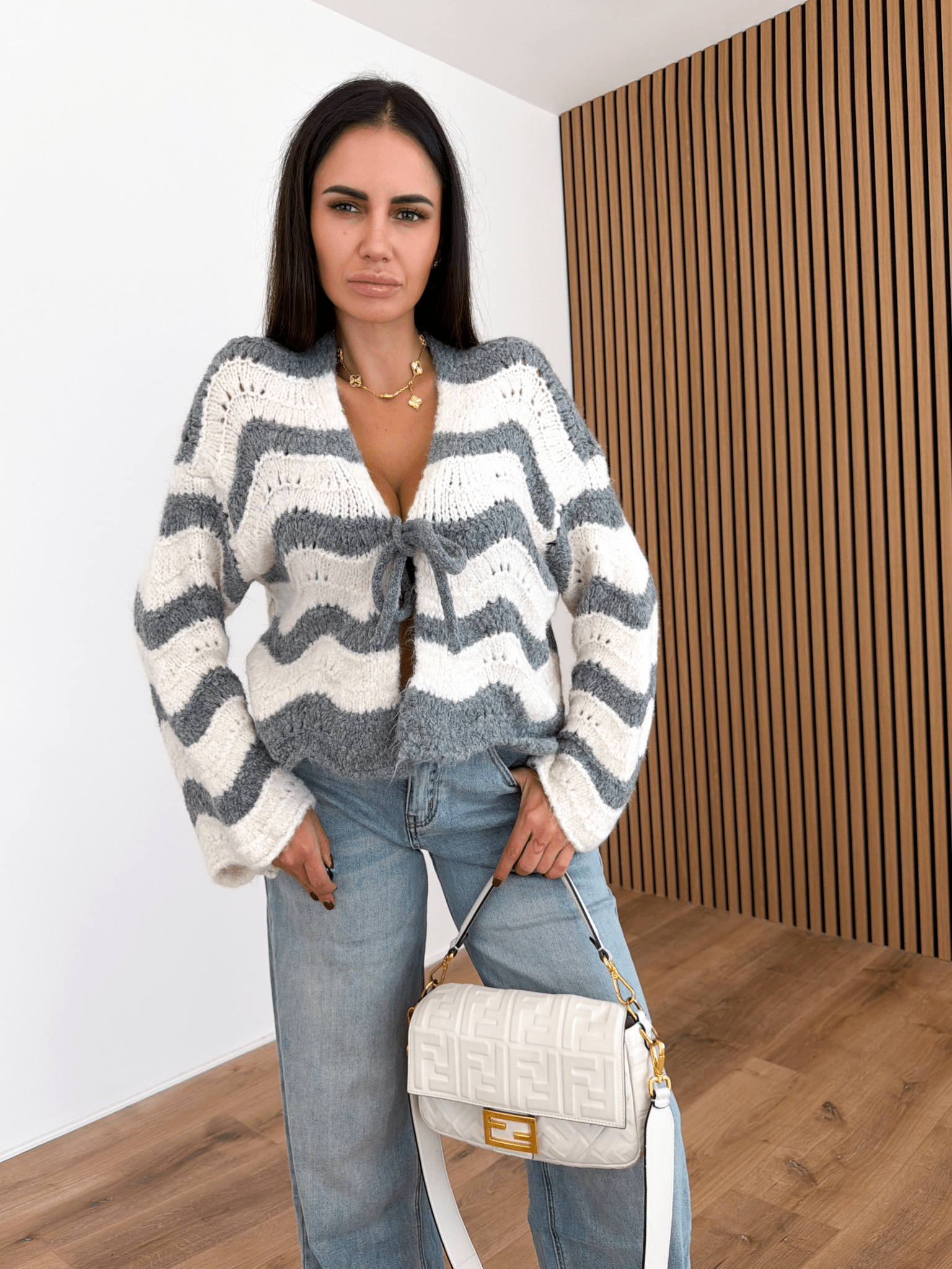 Cardigan Ondulato - Bianco e Grigio - SAINTH