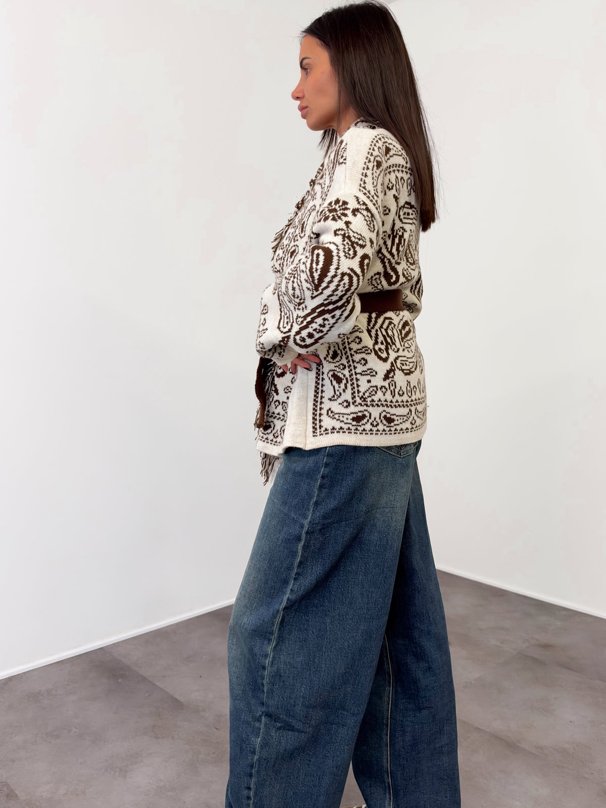 Cardigan Crop Azteco - Burro Marrone